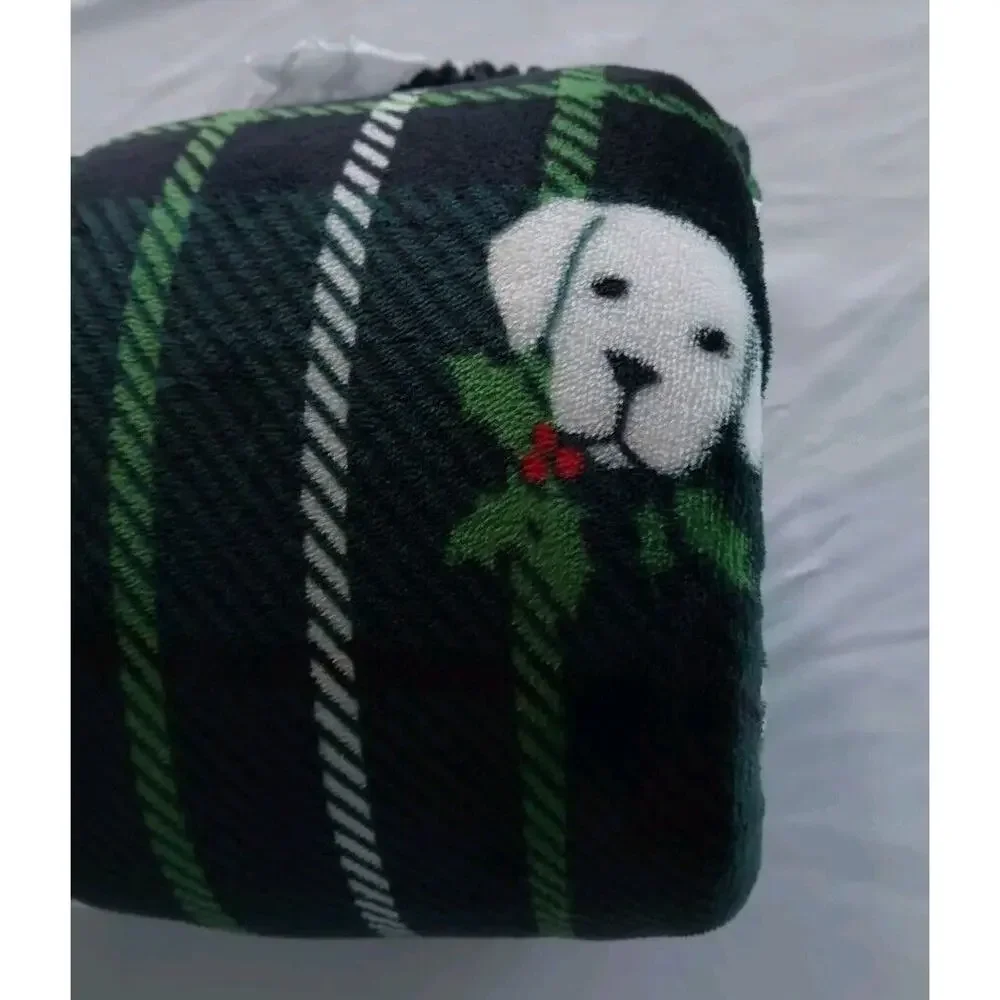 Victorias Secret Plush Sherpa Cozy Fleece Throw Blanket Green Plaid Dog 2024 New